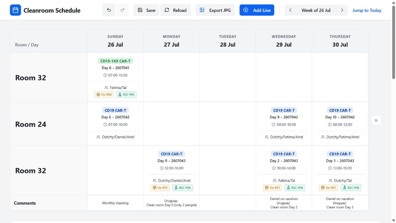 Weekly cleanroom schedule application screenshot